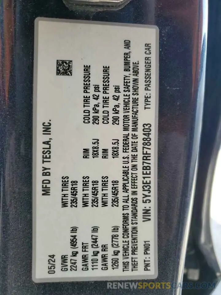 13 fotografías del automóvil dañado 5YJ3E1EB7RF788403 TESLA MODEL 3 2024