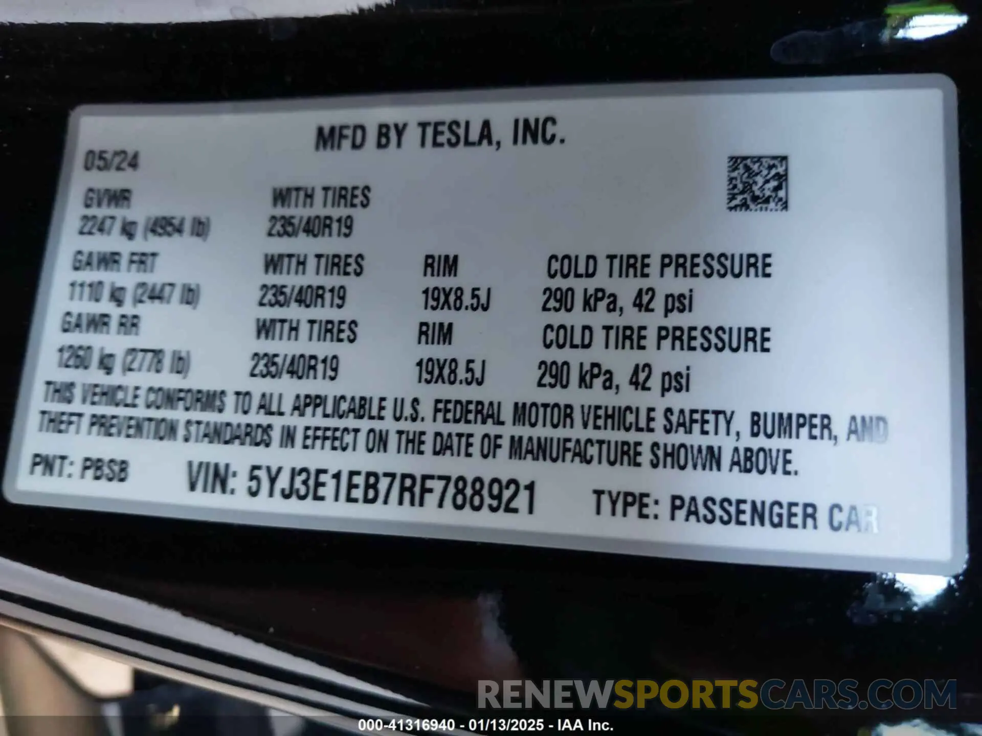 9 fotografías del automóvil dañado 5YJ3E1EB7RF788921 TESLA MODEL 3 2024