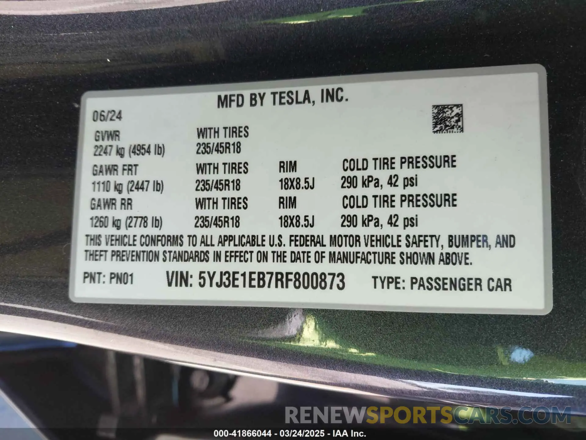9 fotografías del automóvil dañado 5YJ3E1EB7RF800873 TESLA MODEL 3 2024