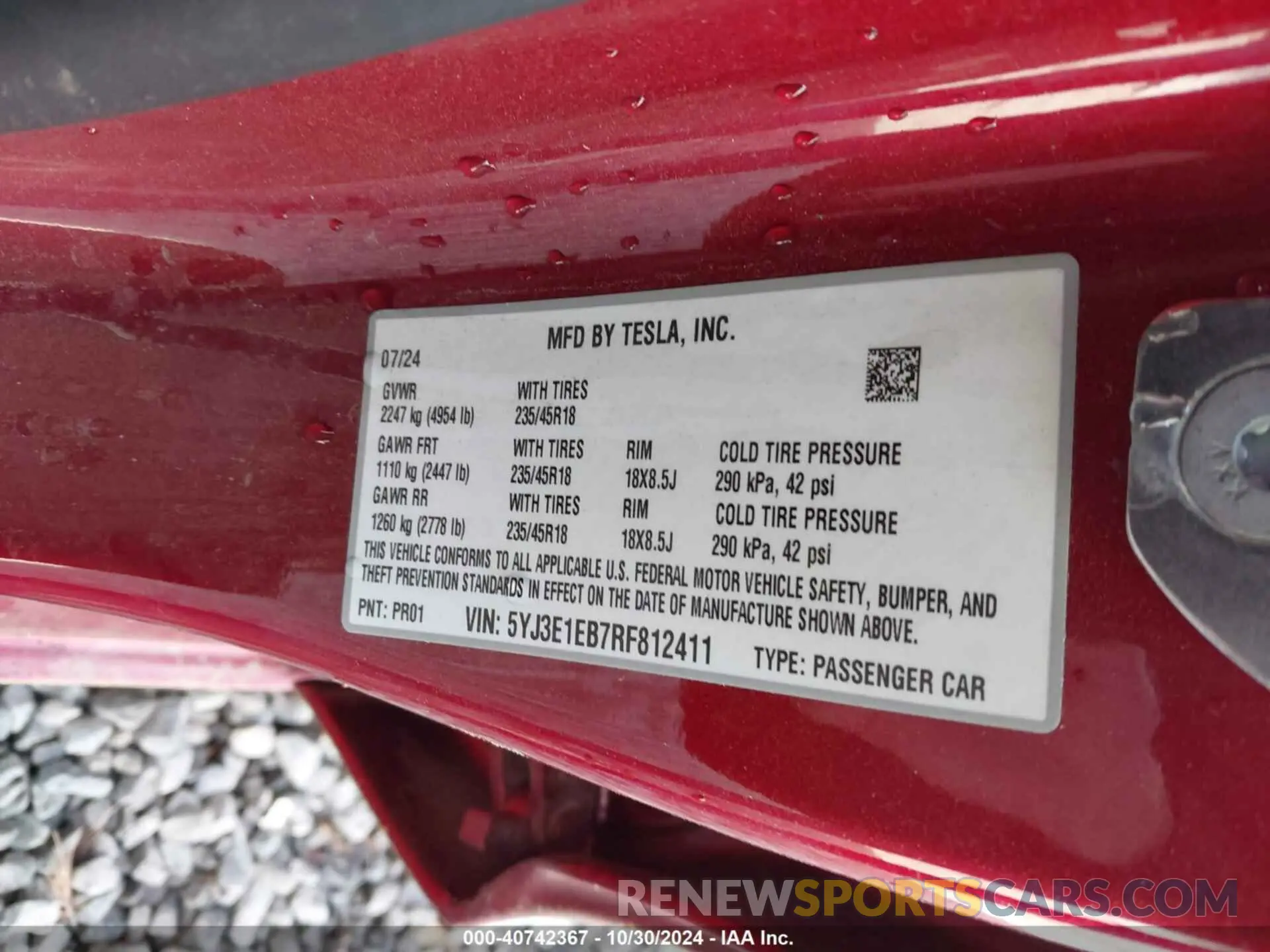 9 fotografías del automóvil dañado 5YJ3E1EB7RF812411 TESLA MODEL 3 2024