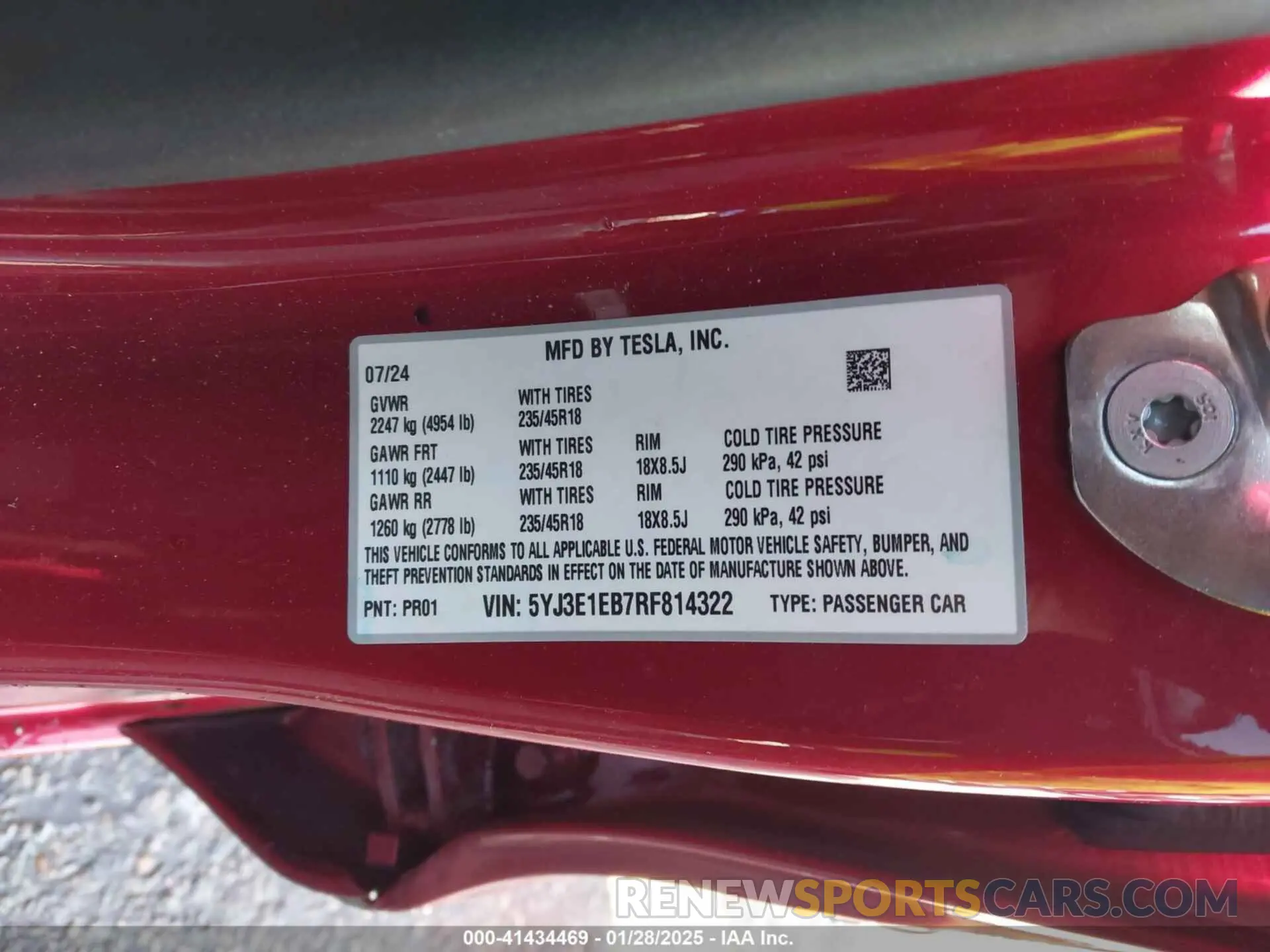 9 fotografías del automóvil dañado 5YJ3E1EB7RF814322 TESLA MODEL 3 2024