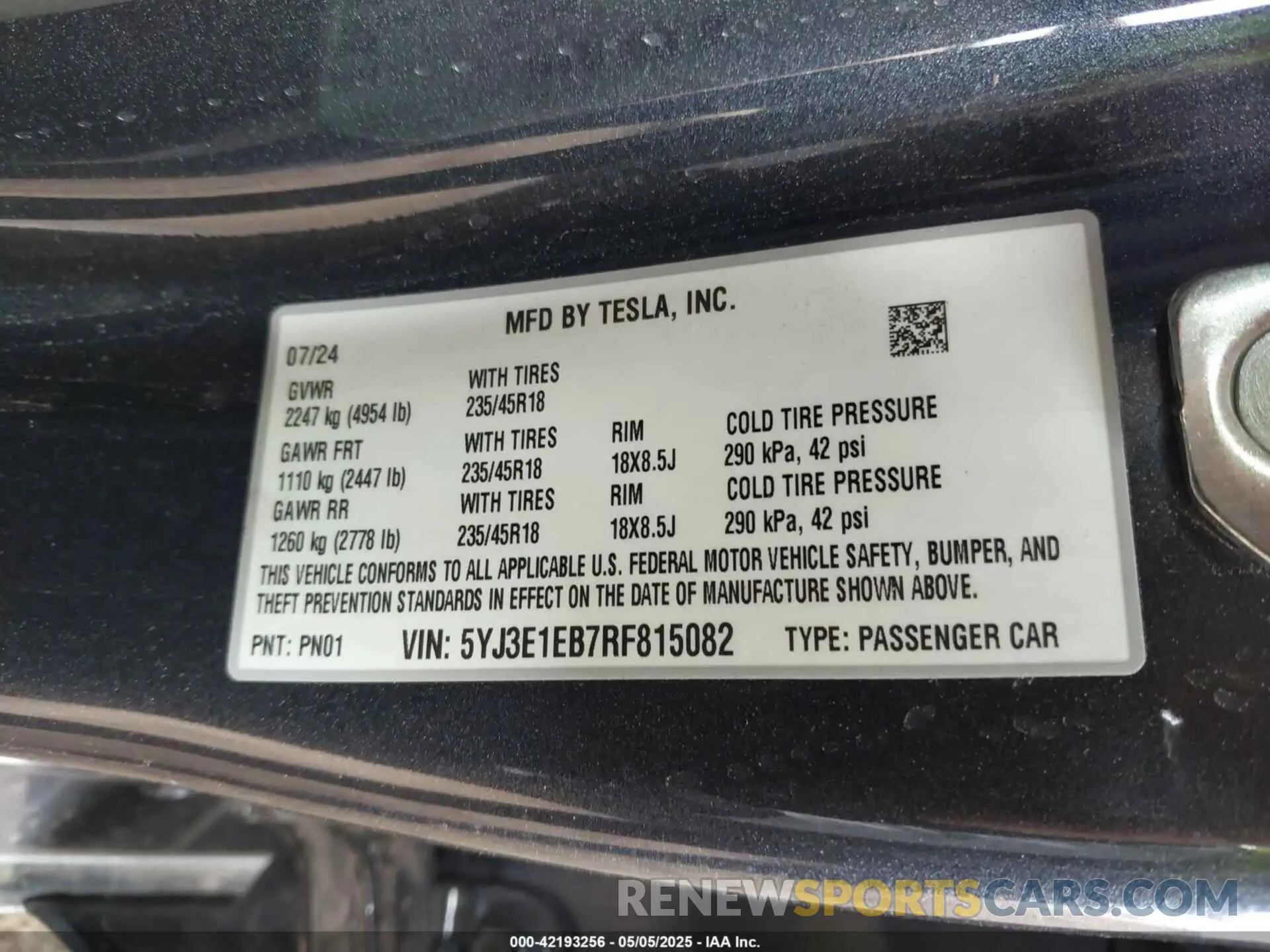 9 fotografías del automóvil dañado 5YJ3E1EB7RF815082 TESLA MODEL 3 2024