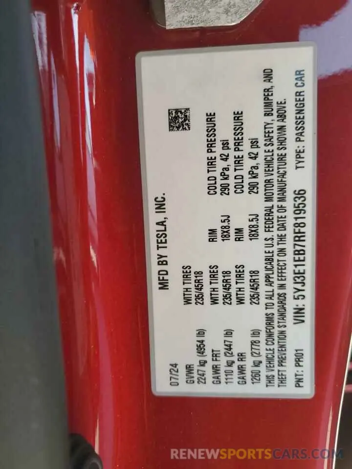 13 fotografías del automóvil dañado 5YJ3E1EB7RF819536 TESLA MODEL 3 2024