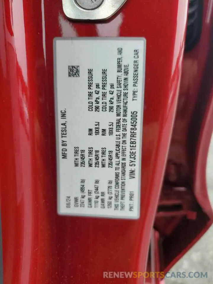 12 fotografías del automóvil dañado 5YJ3E1EB7RF845005 TESLA MODEL 3 2024