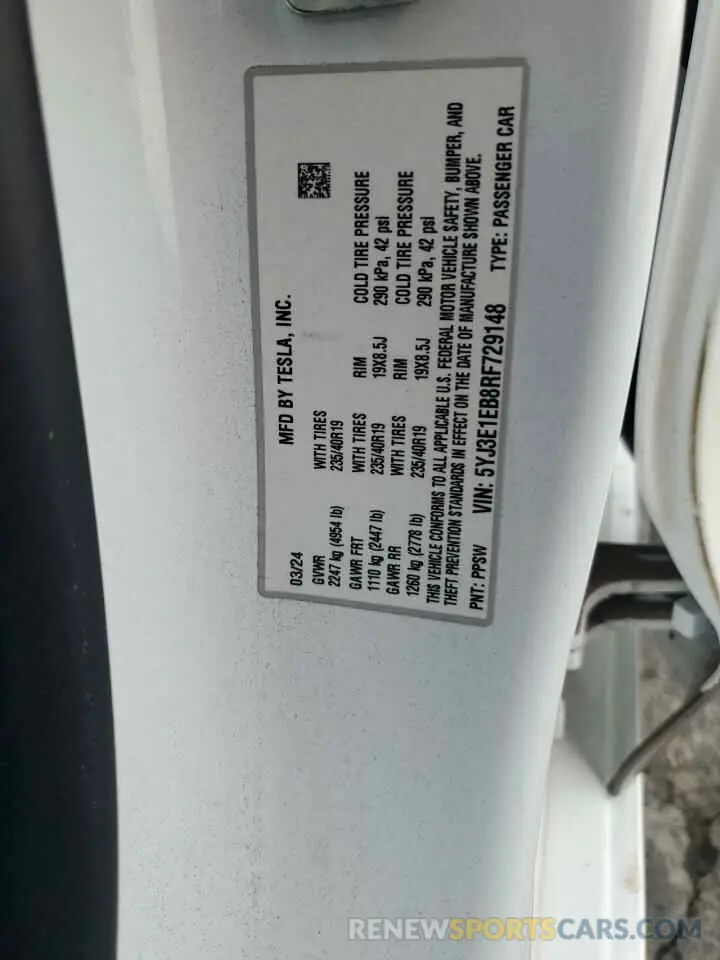 12 fotografías del automóvil dañado 5YJ3E1EB8RF729148 TESLA MODEL 3 2024