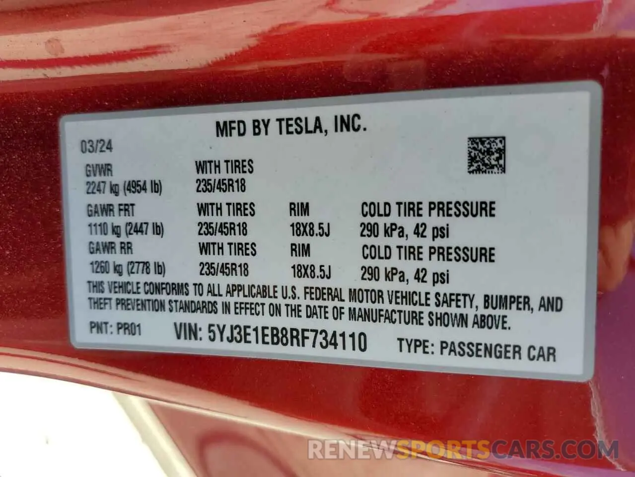 12 fotografías del automóvil dañado 5YJ3E1EB8RF734110 TESLA MODEL 3 2024