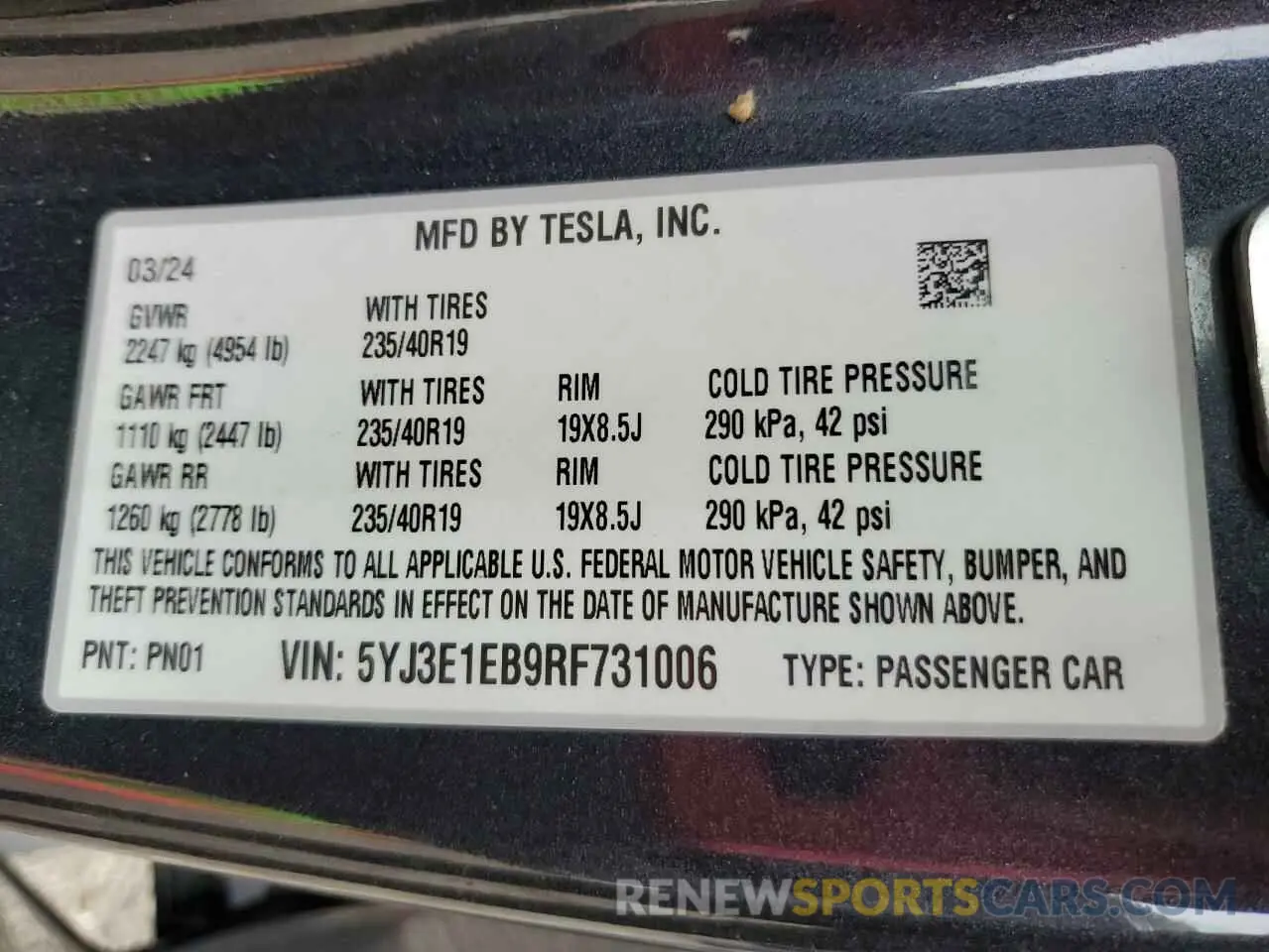 13 fotografías del automóvil dañado 5YJ3E1EB9RF731006 TESLA MODEL 3 2024