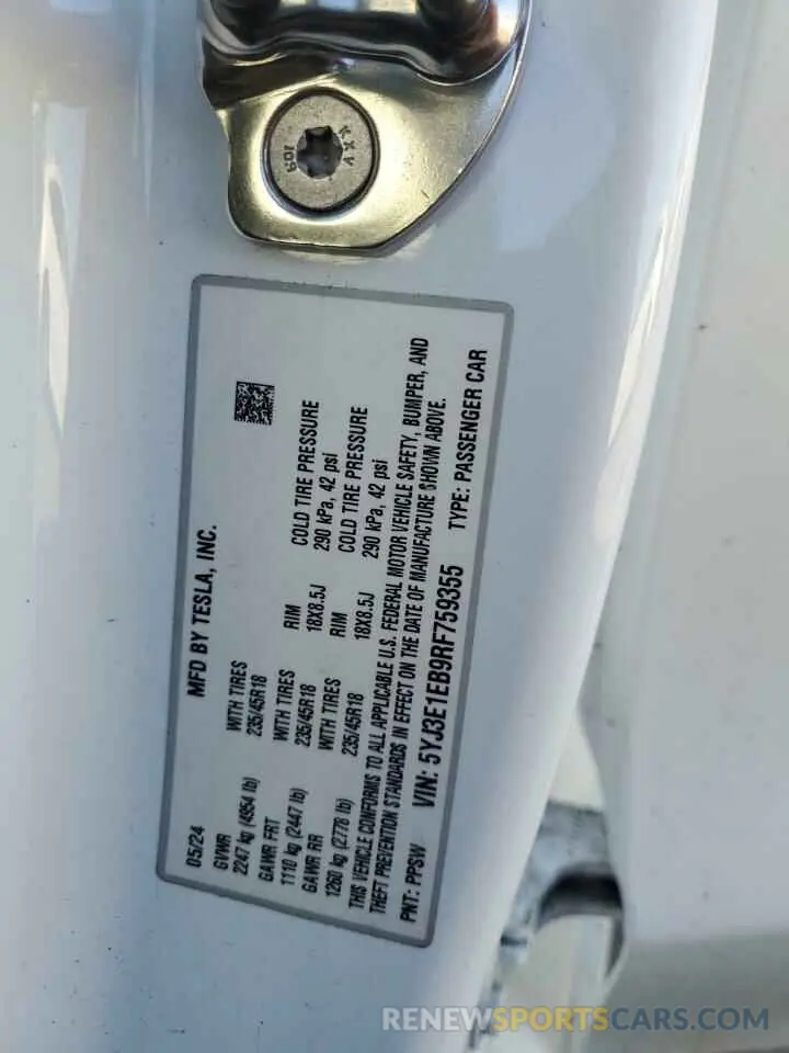 15 fotografías del automóvil dañado 5YJ3E1EB9RF759355 TESLA MODEL 3 2024