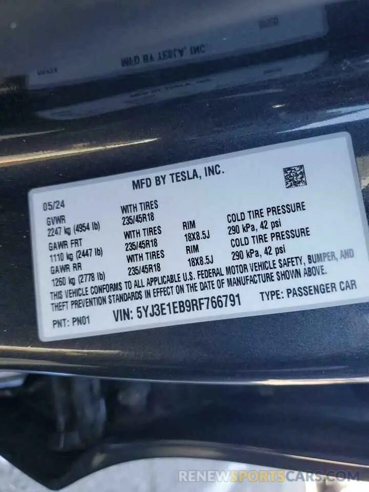 14 fotografías del automóvil dañado 5YJ3E1EB9RF766791 TESLA MODEL 3 2024