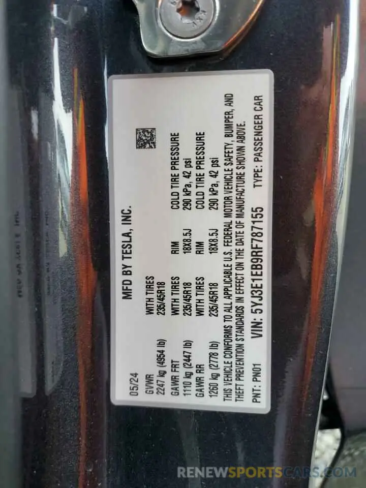 12 fotografías del automóvil dañado 5YJ3E1EB9RF787155 TESLA MODEL 3 2024