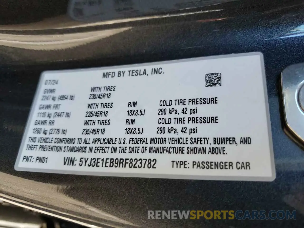 12 fotografías del automóvil dañado 5YJ3E1EB9RF823782 TESLA MODEL 3 2024