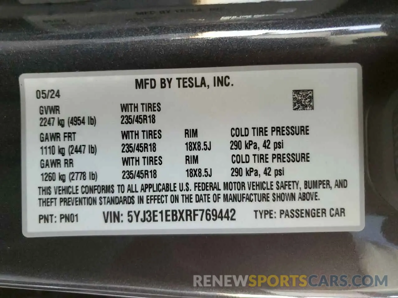12 fotografías del automóvil dañado 5YJ3E1EBXRF769442 TESLA MODEL 3 2024