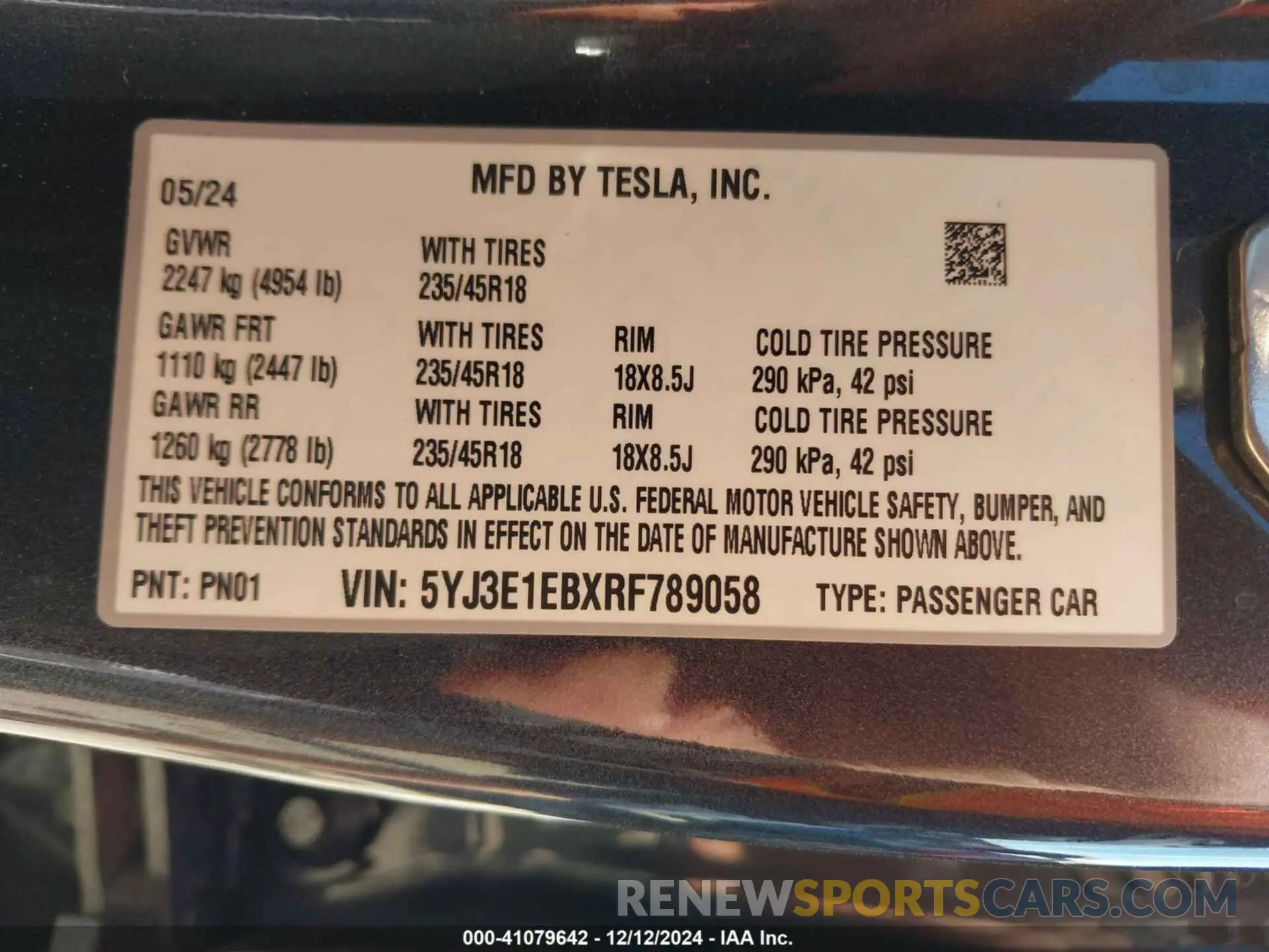 9 fotografías del automóvil dañado 5YJ3E1EBXRF789058 TESLA MODEL 3 2024