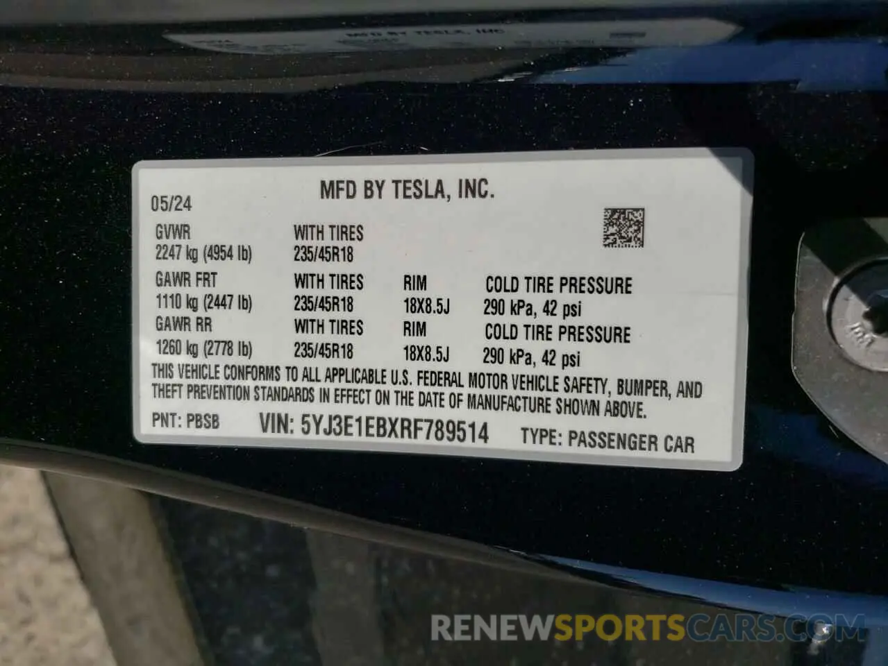 12 fotografías del automóvil dañado 5YJ3E1EBXRF789514 TESLA MODEL 3 2024