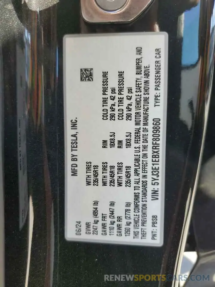12 fotografías del automóvil dañado 5YJ3E1EBXRF809860 TESLA MODEL 3 2024