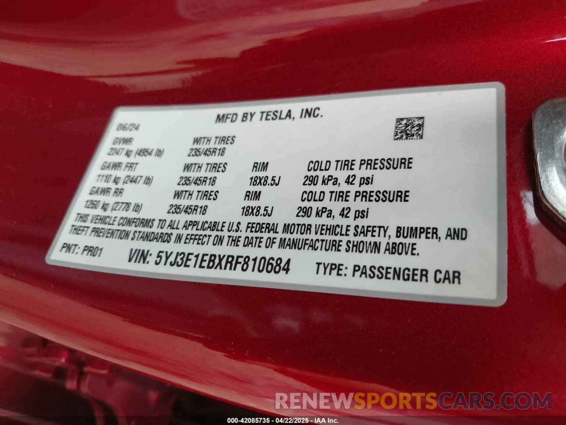 9 fotografías del automóvil dañado 5YJ3E1EBXRF810684 TESLA MODEL 3 2024