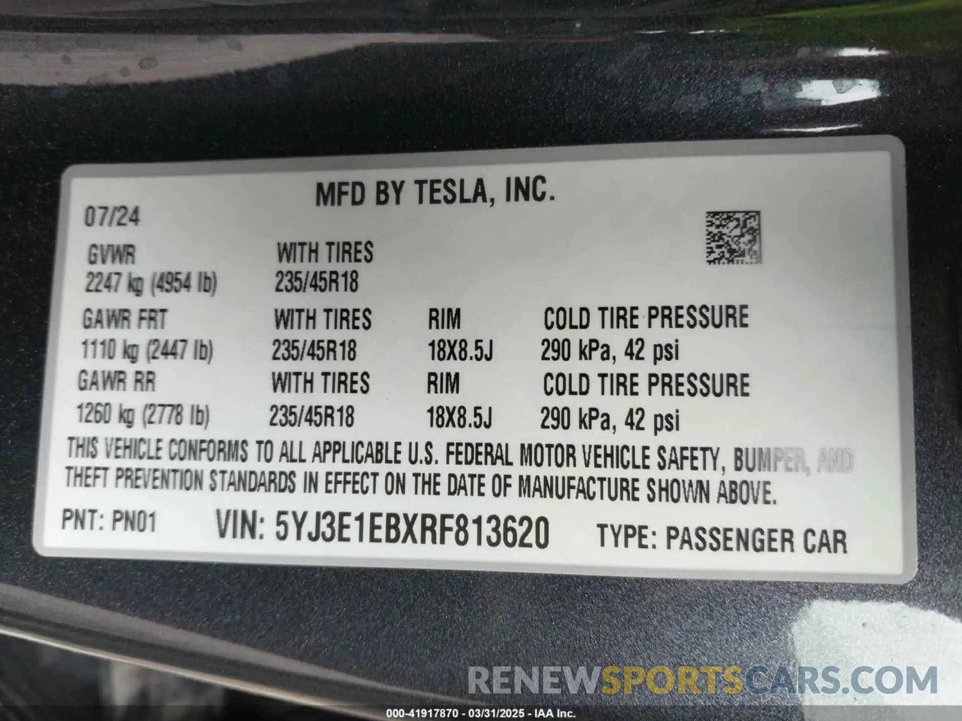 9 fotografías del automóvil dañado 5YJ3E1EBXRF813620 TESLA MODEL 3 2024