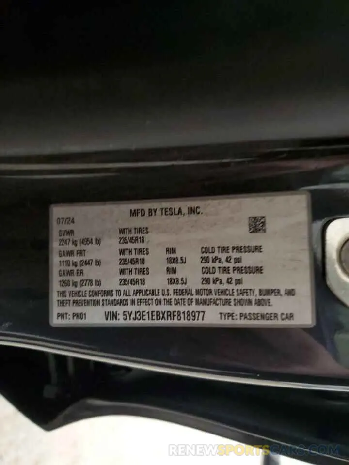 14 fotografías del automóvil dañado 5YJ3E1EBXRF818977 TESLA MODEL 3 2024