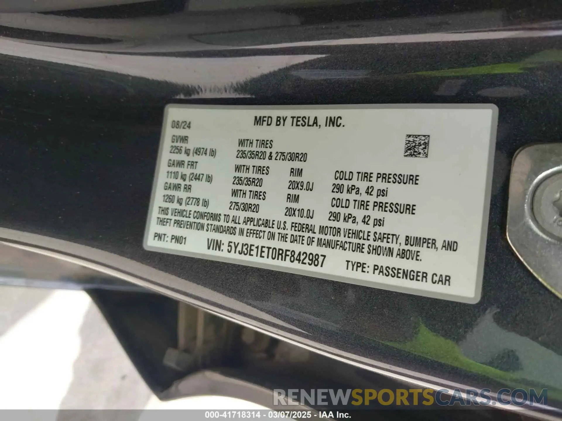 9 fotografías del automóvil dañado 5YJ3E1ET0RF842987 TESLA MODEL 3 2024