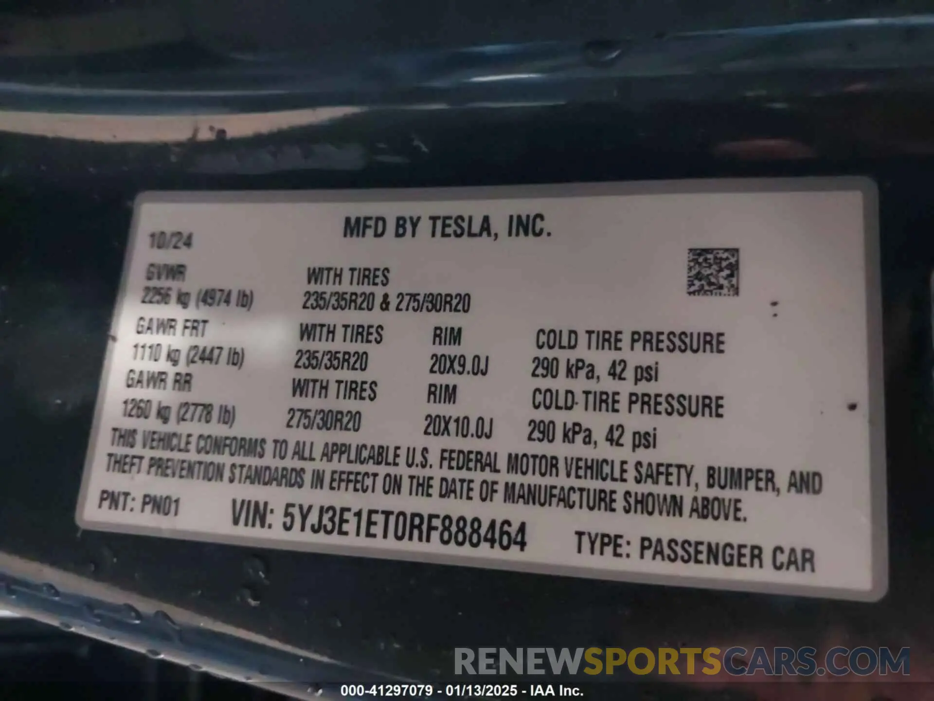 9 fotografías del automóvil dañado 5YJ3E1ET0RF888464 TESLA MODEL 3 2024
