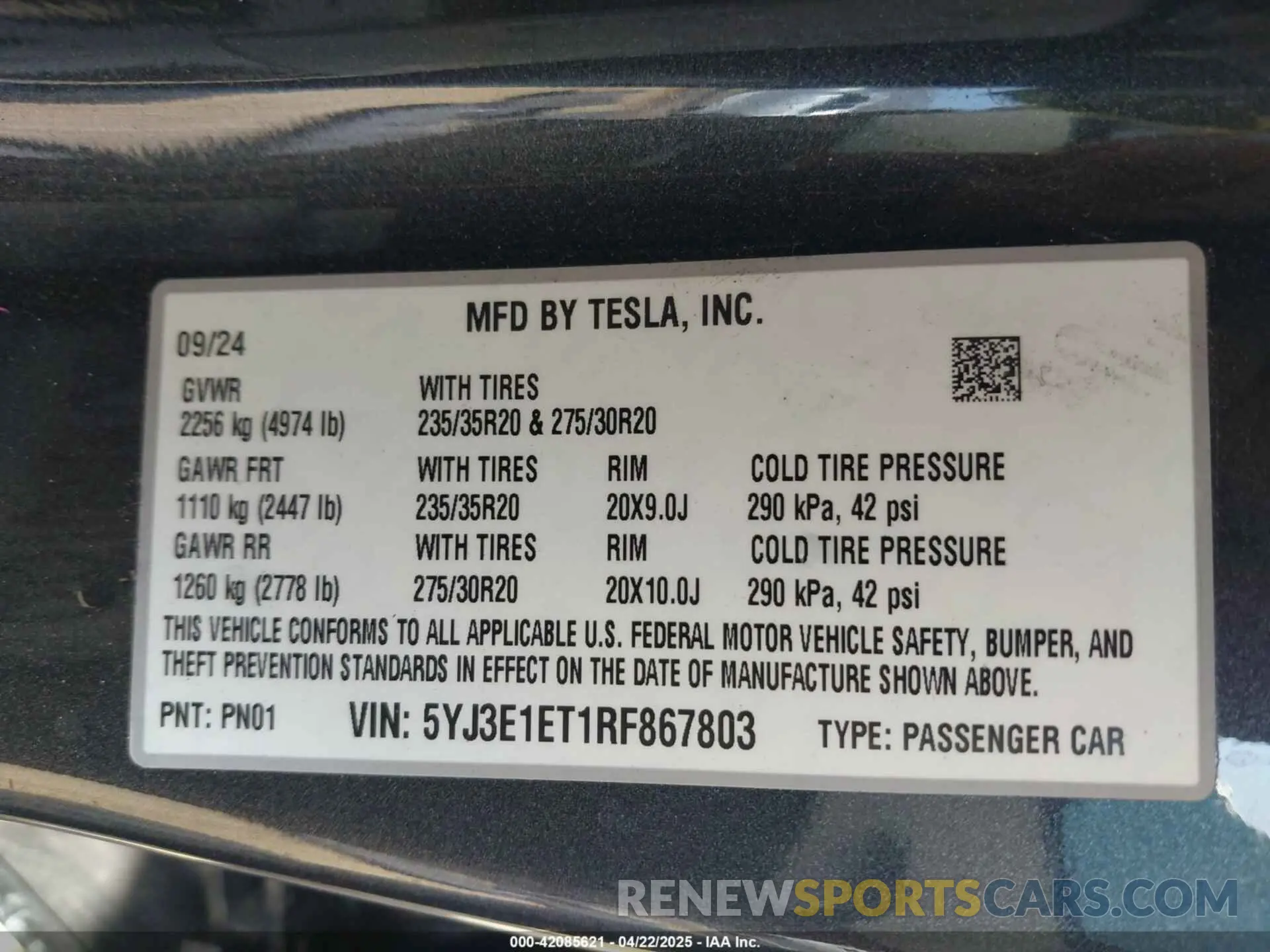 9 fotografías del automóvil dañado 5YJ3E1ET1RF867803 TESLA MODEL 3 2024