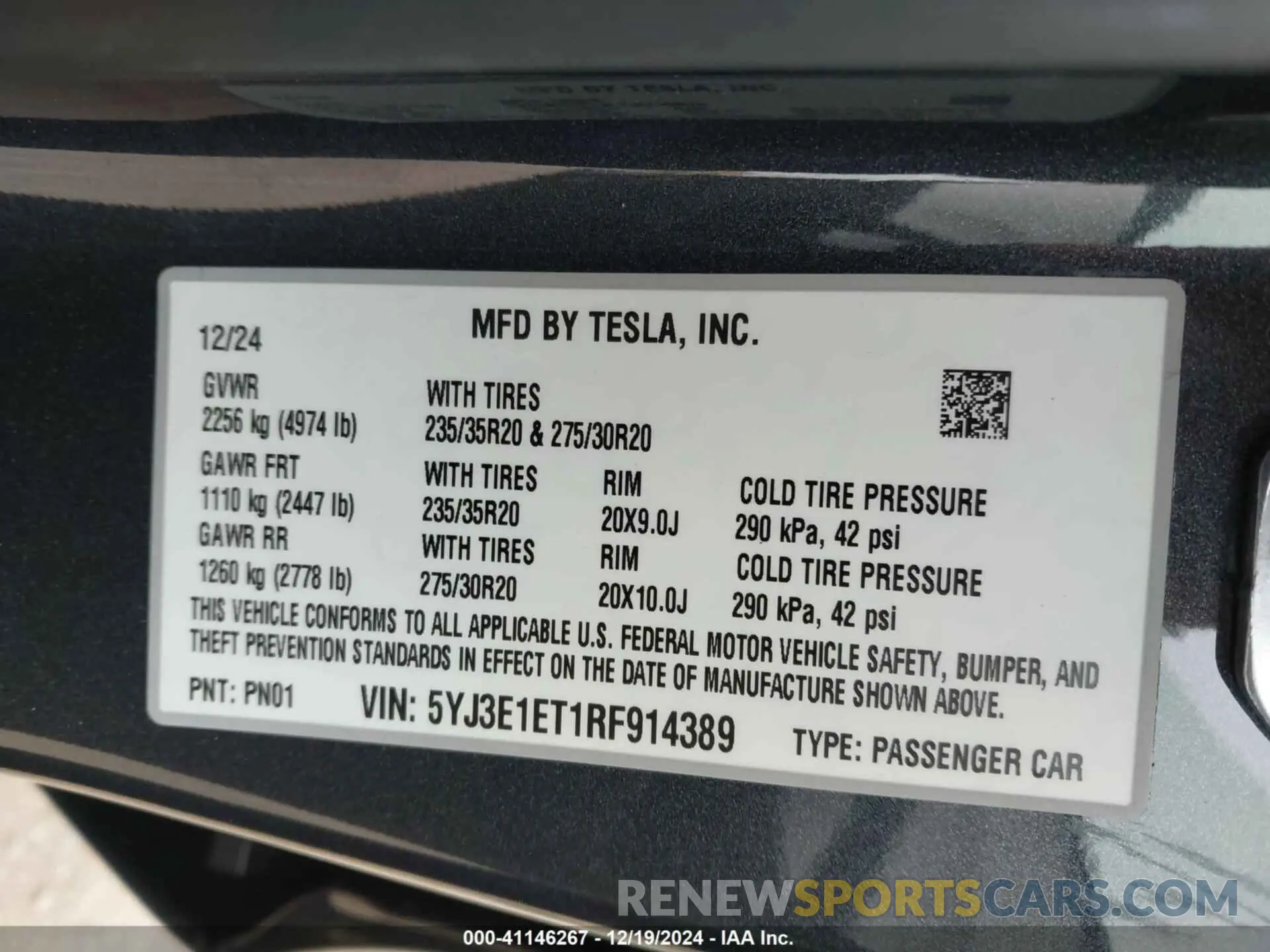 9 fotografías del automóvil dañado 5YJ3E1ET1RF914389 TESLA MODEL 3 2024
