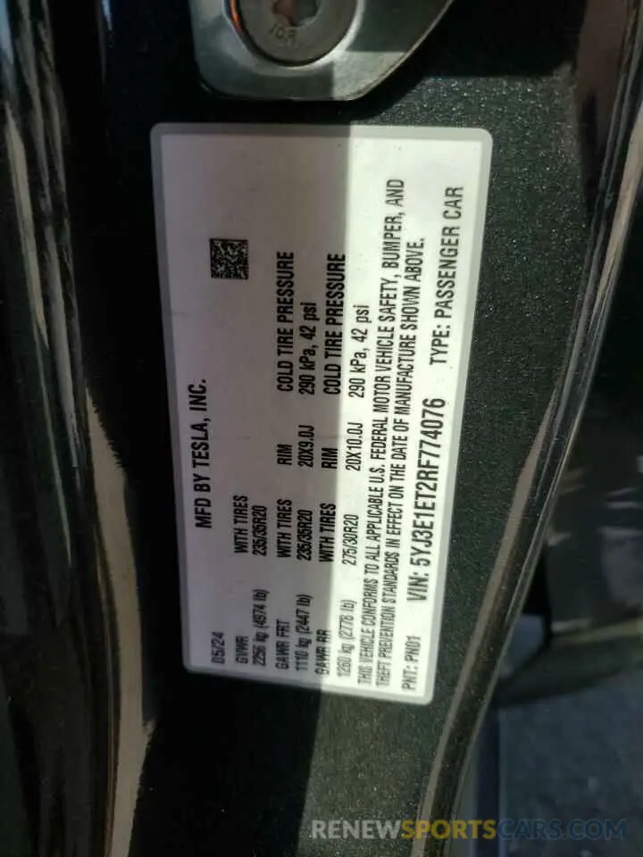 14 fotografías del automóvil dañado 5YJ3E1ET2RF774076 TESLA MODEL 3 2024