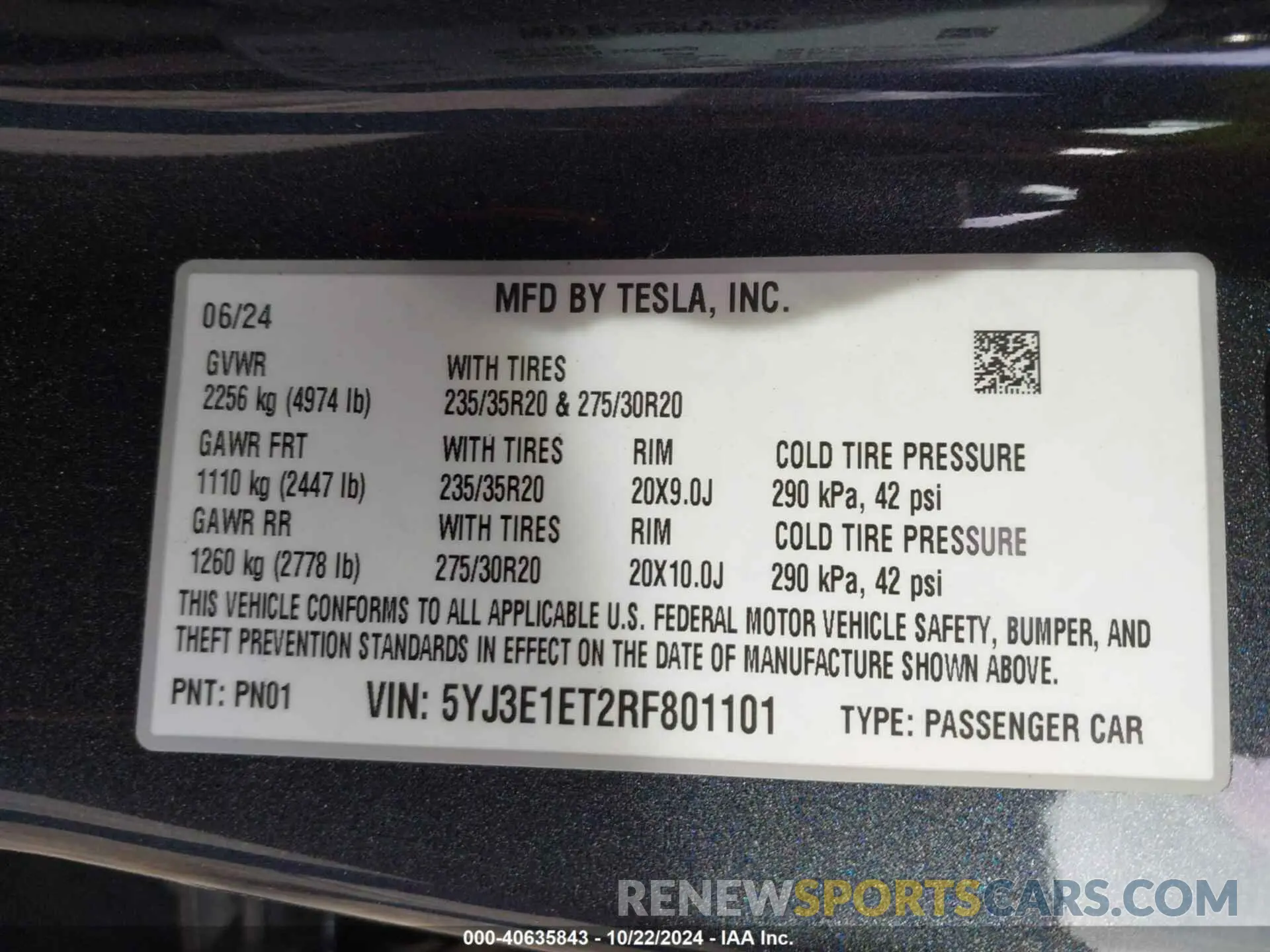 9 fotografías del automóvil dañado 5YJ3E1ET2RF801101 TESLA MODEL 3 2024