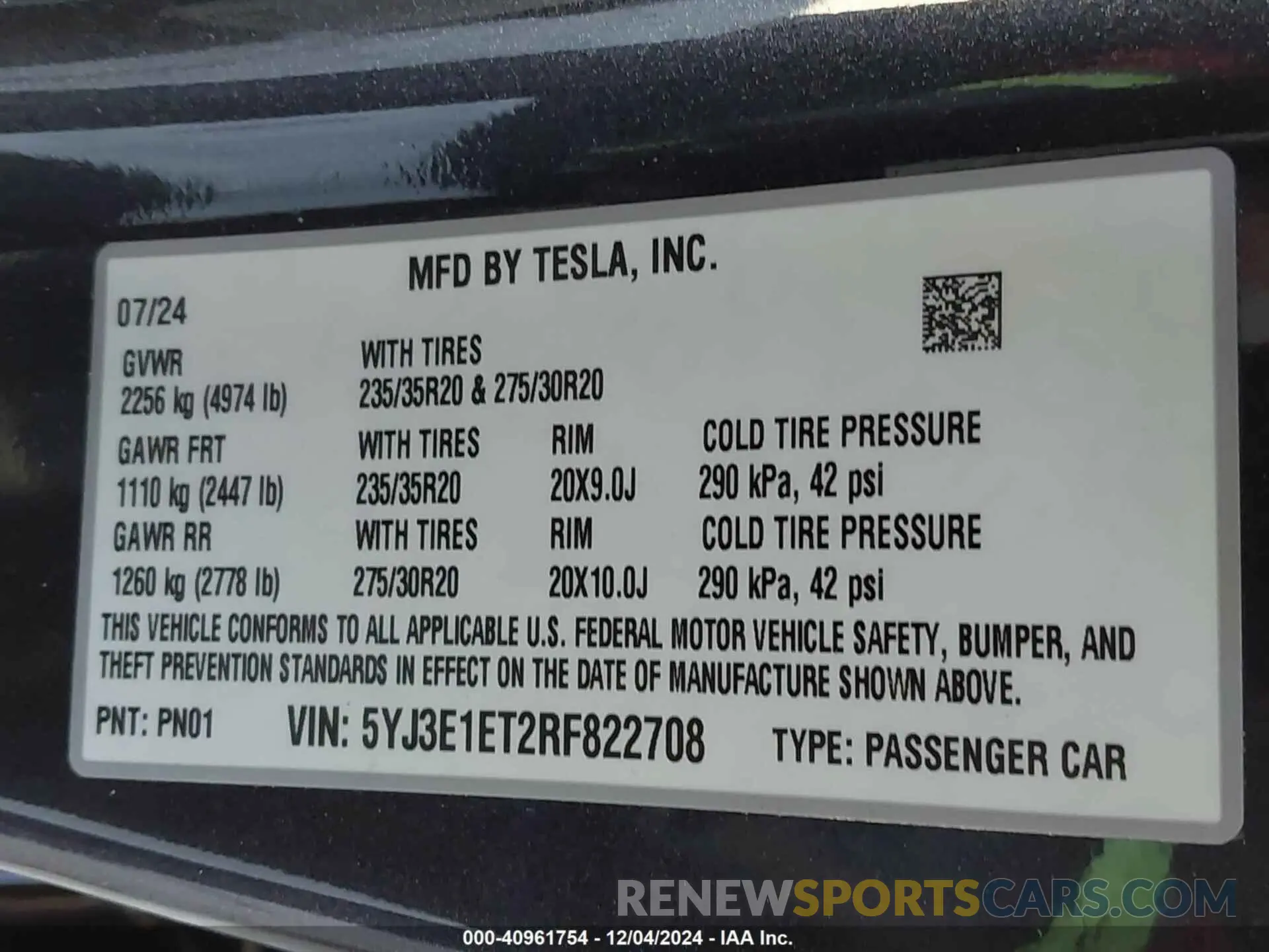 9 fotografías del automóvil dañado 5YJ3E1ET2RF822708 TESLA MODEL 3 2024
