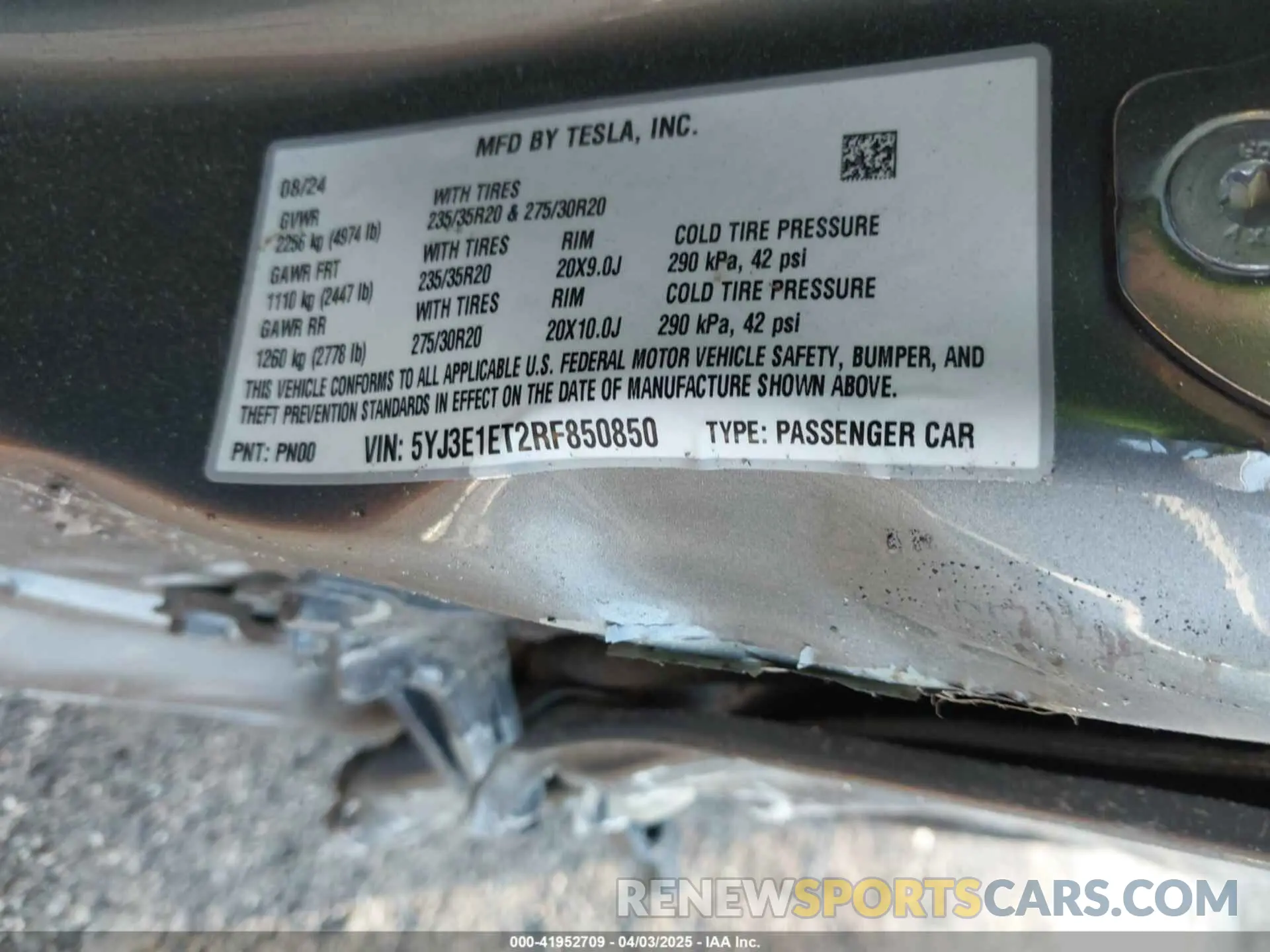 9 fotografías del automóvil dañado 5YJ3E1ET2RF850850 TESLA MODEL 3 2024