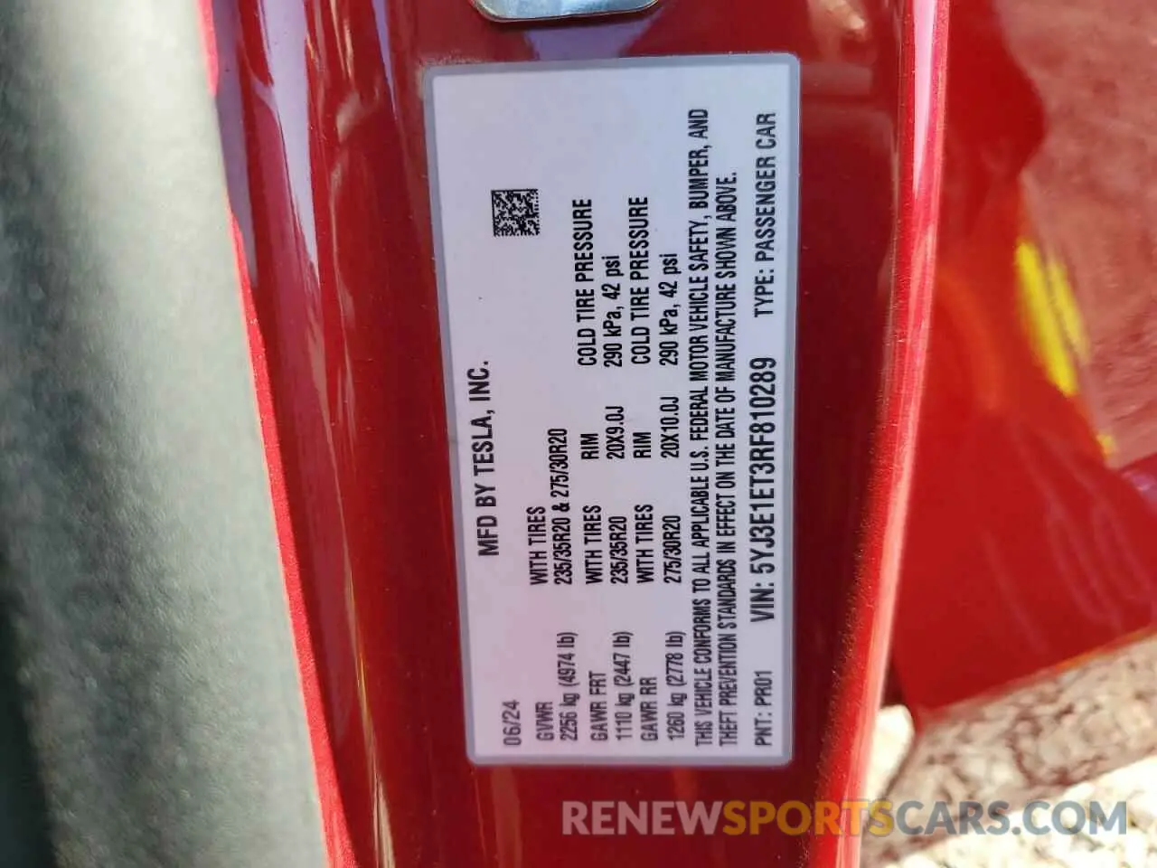 12 fotografías del automóvil dañado 5YJ3E1ET3RF810289 TESLA MODEL 3 2024