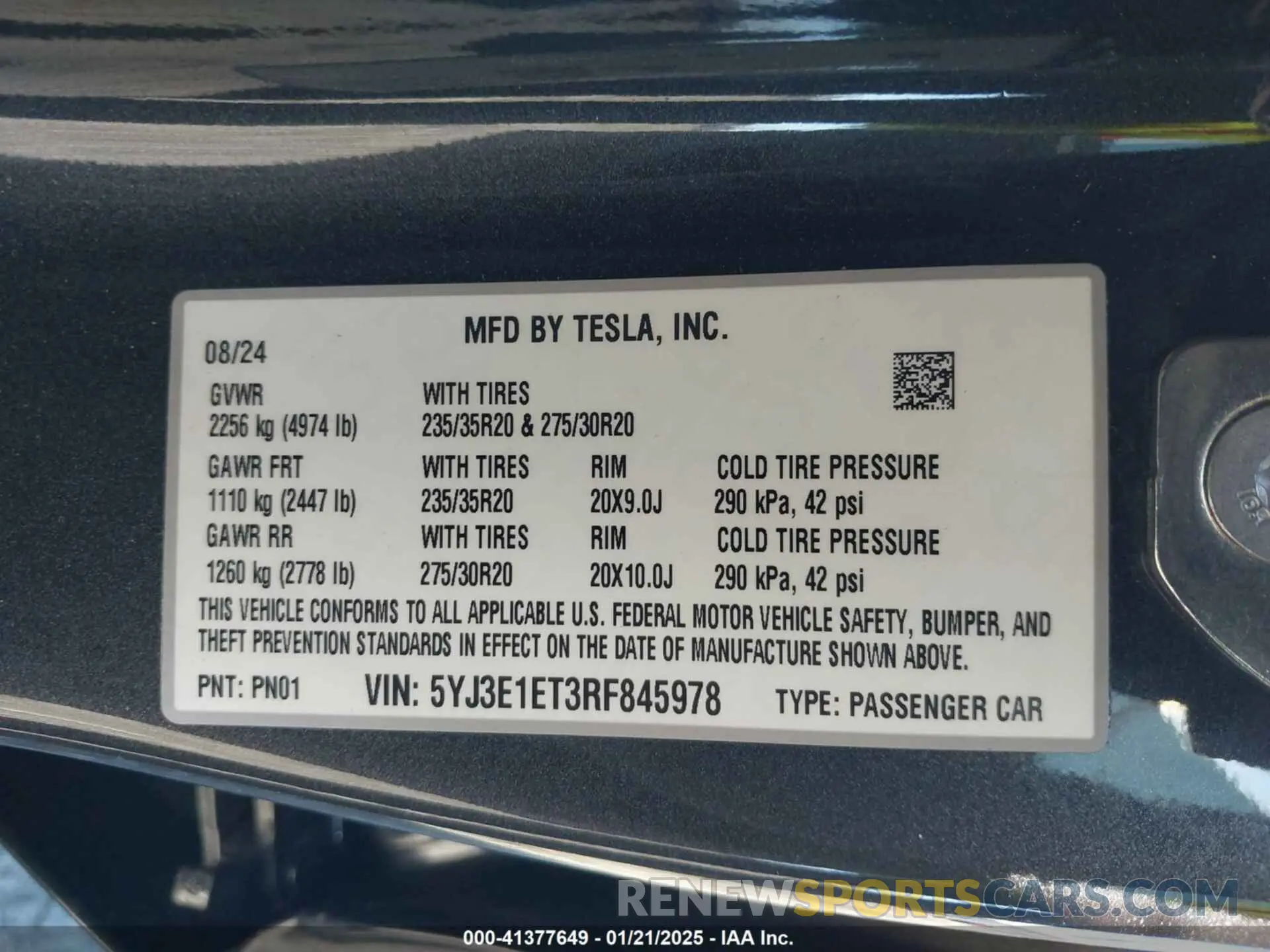 9 fotografías del automóvil dañado 5YJ3E1ET3RF845978 TESLA MODEL 3 2024