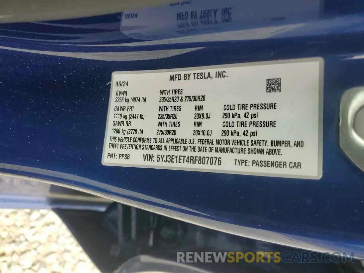 12 fotografías del automóvil dañado 5YJ3E1ET4RF807076 TESLA MODEL 3 2024