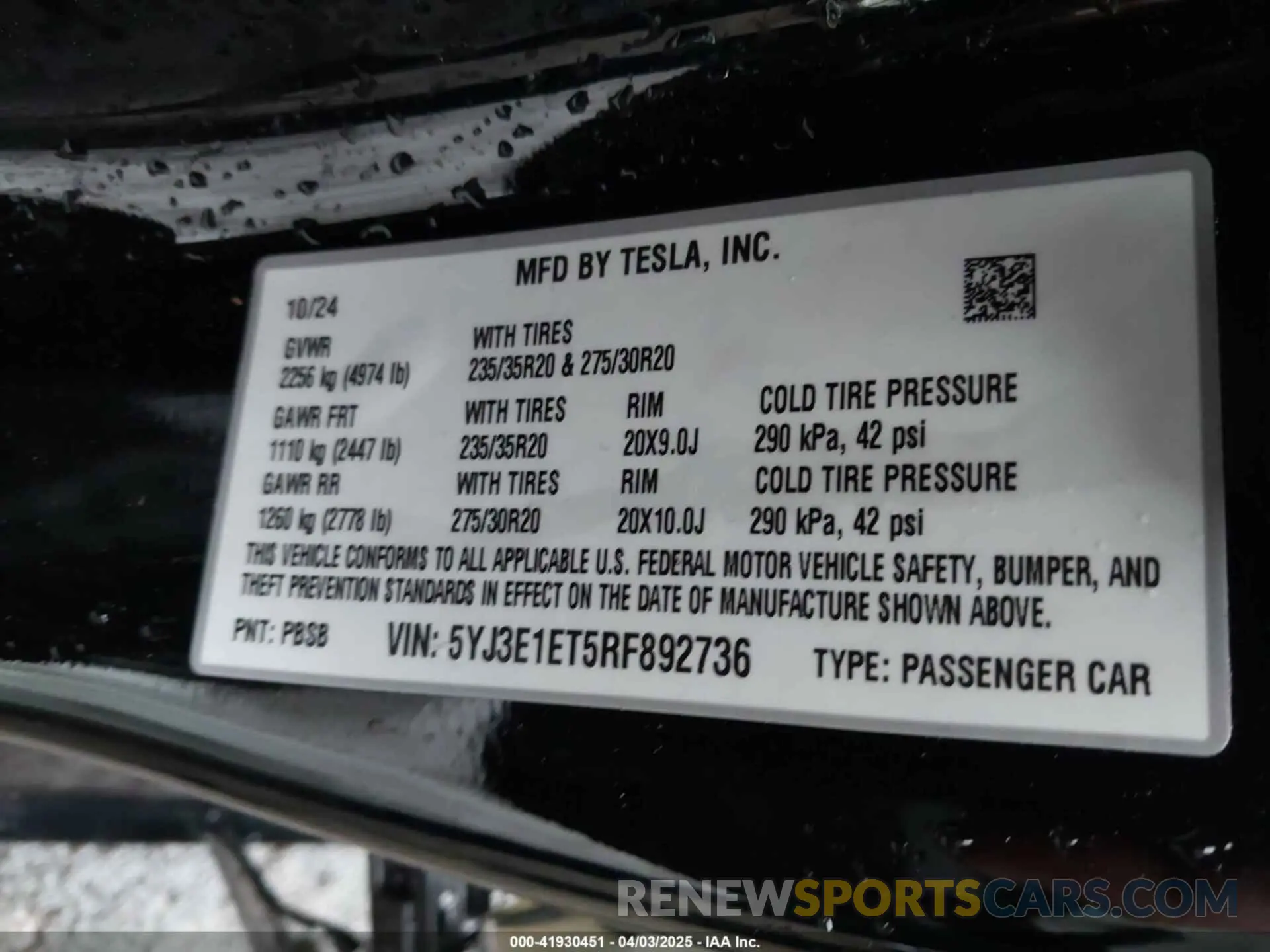 9 fotografías del automóvil dañado 5YJ3E1ET5RF892736 TESLA MODEL 3 2024