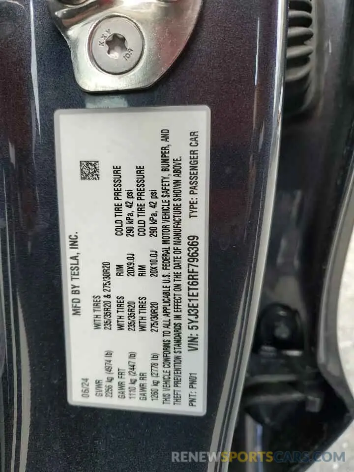 13 fotografías del automóvil dañado 5YJ3E1ET6RF796369 TESLA MODEL 3 2024