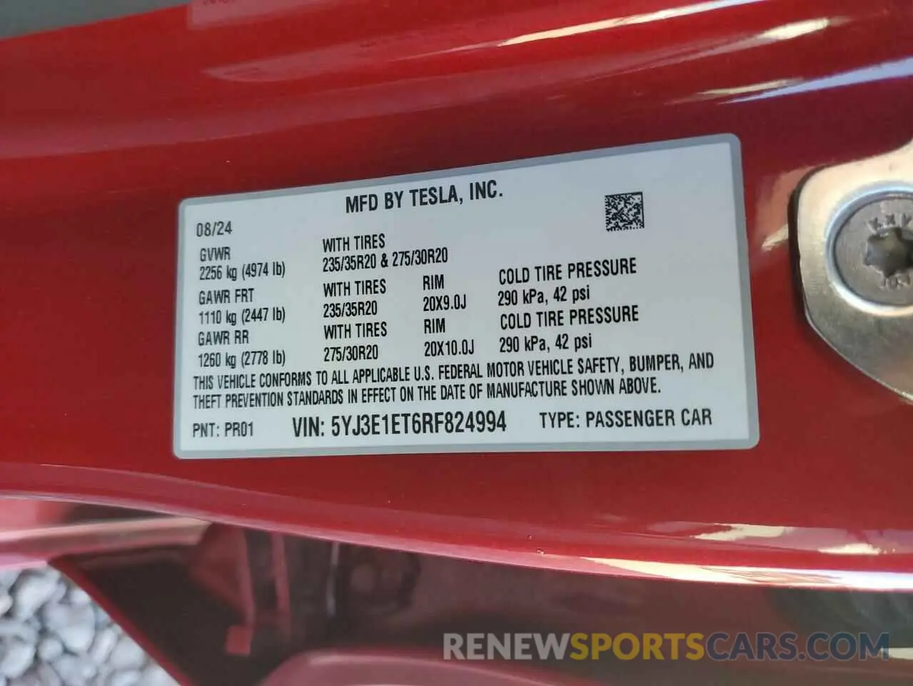 12 fotografías del automóvil dañado 5YJ3E1ET6RF824994 TESLA MODEL 3 2024