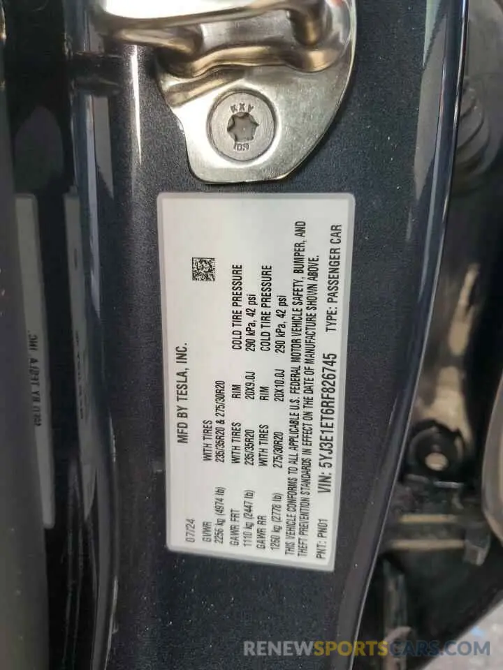 12 fotografías del automóvil dañado 5YJ3E1ET6RF826745 TESLA MODEL 3 2024