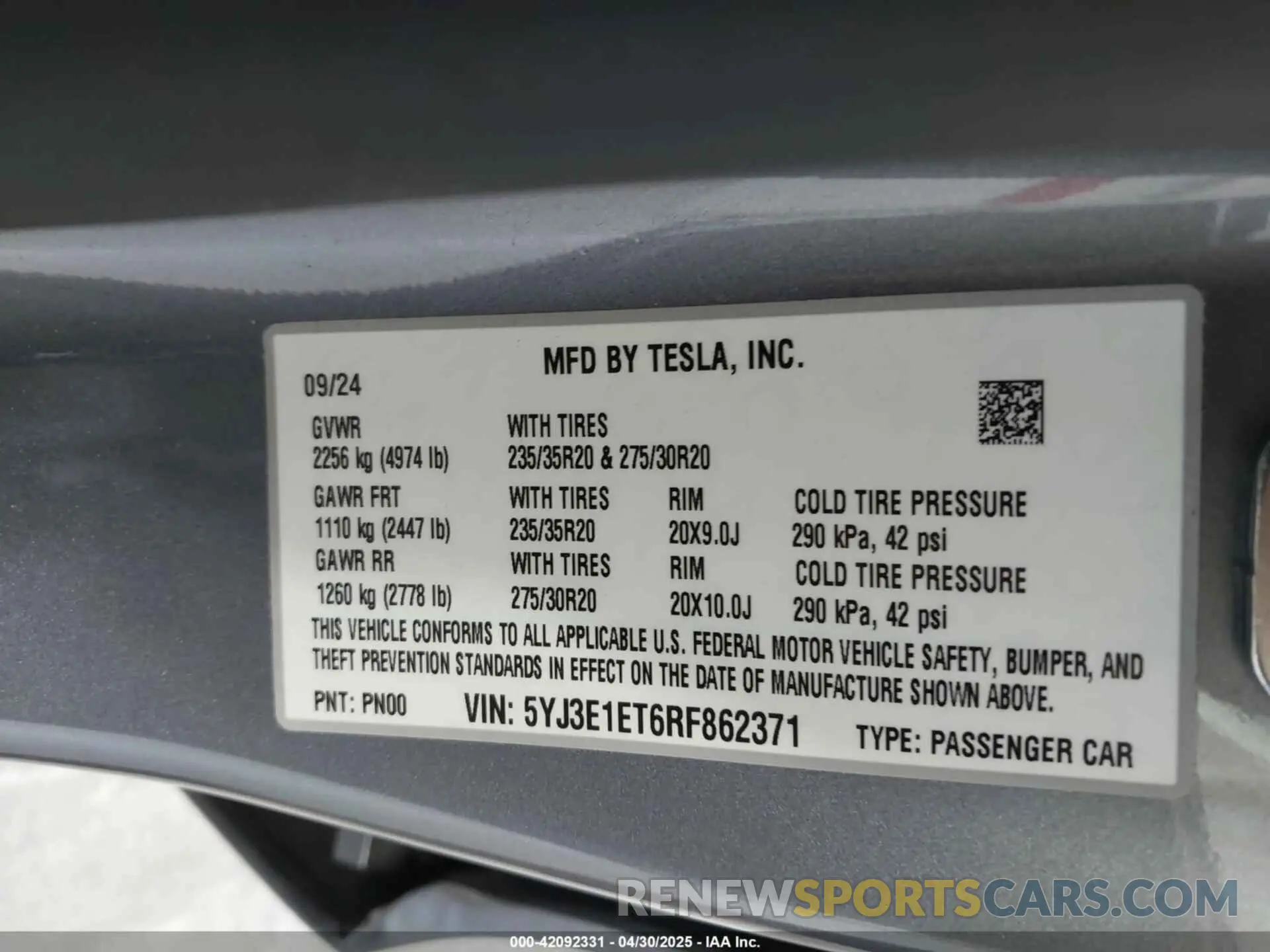 9 fotografías del automóvil dañado 5YJ3E1ET6RF862371 TESLA MODEL 3 2024