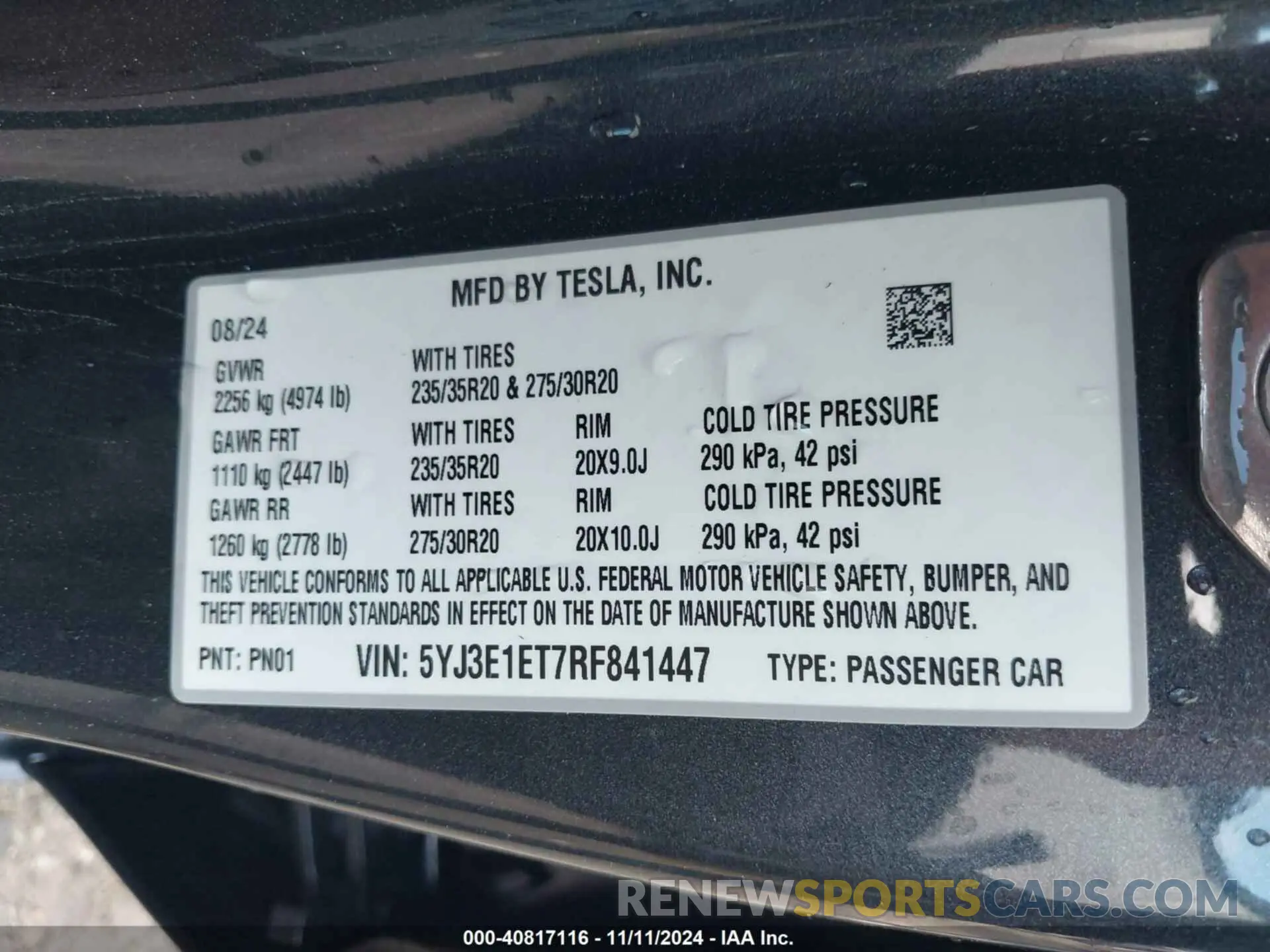 9 fotografías del automóvil dañado 5YJ3E1ET7RF841447 TESLA MODEL 3 2024