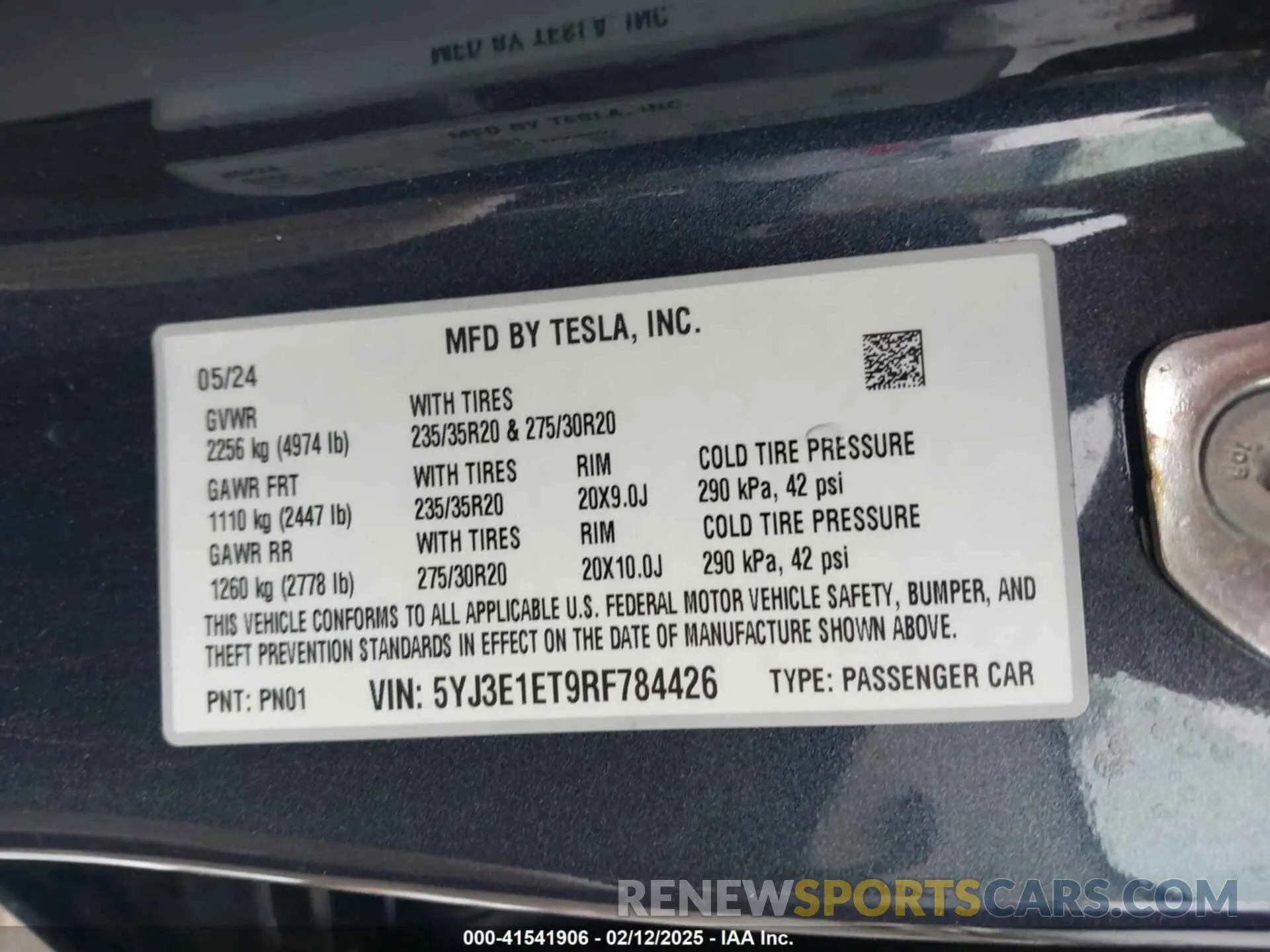 9 fotografías del automóvil dañado 5YJ3E1ET9RF784426 TESLA MODEL 3 2024