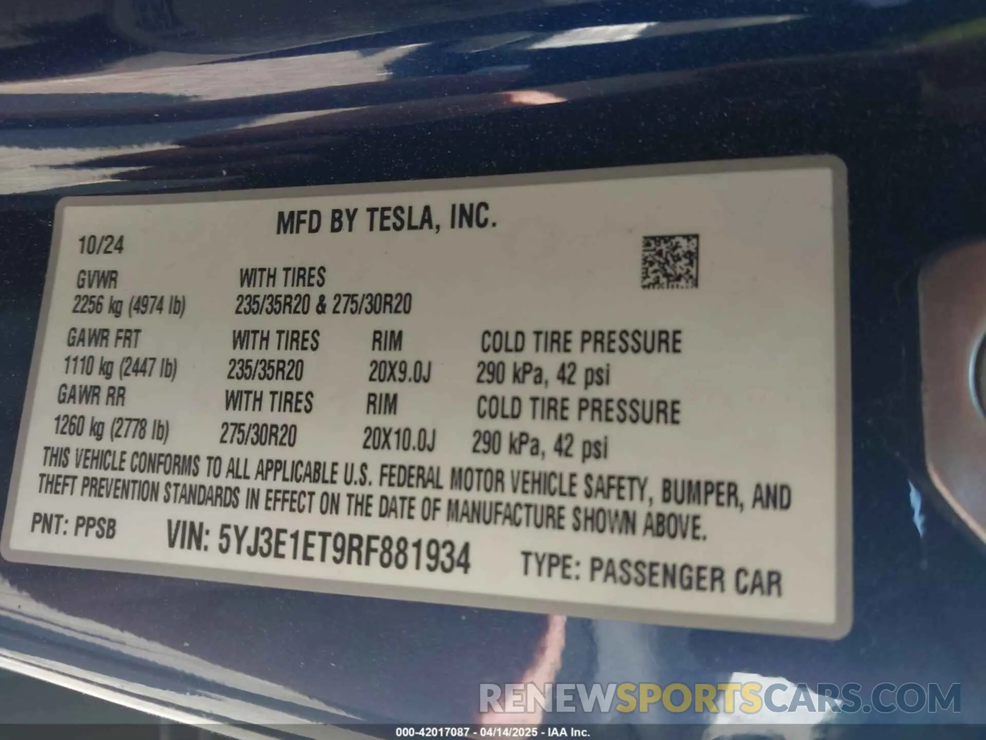 9 fotografías del automóvil dañado 5YJ3E1ET9RF881934 TESLA MODEL 3 2024