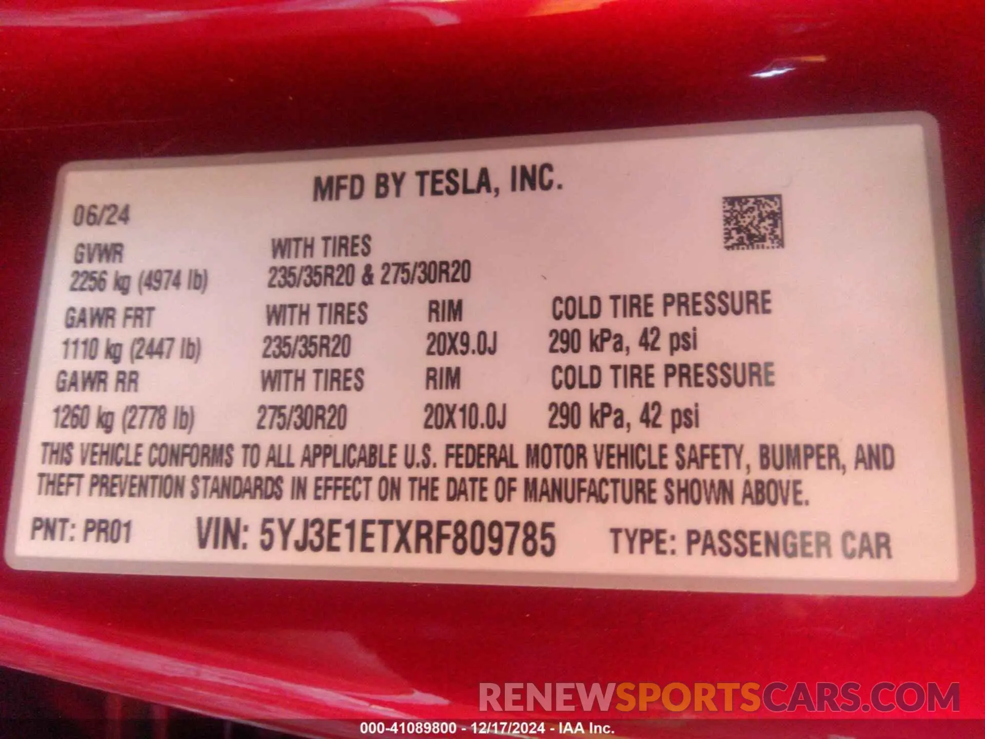 9 fotografías del automóvil dañado 5YJ3E1ETXRF809785 TESLA MODEL 3 2024