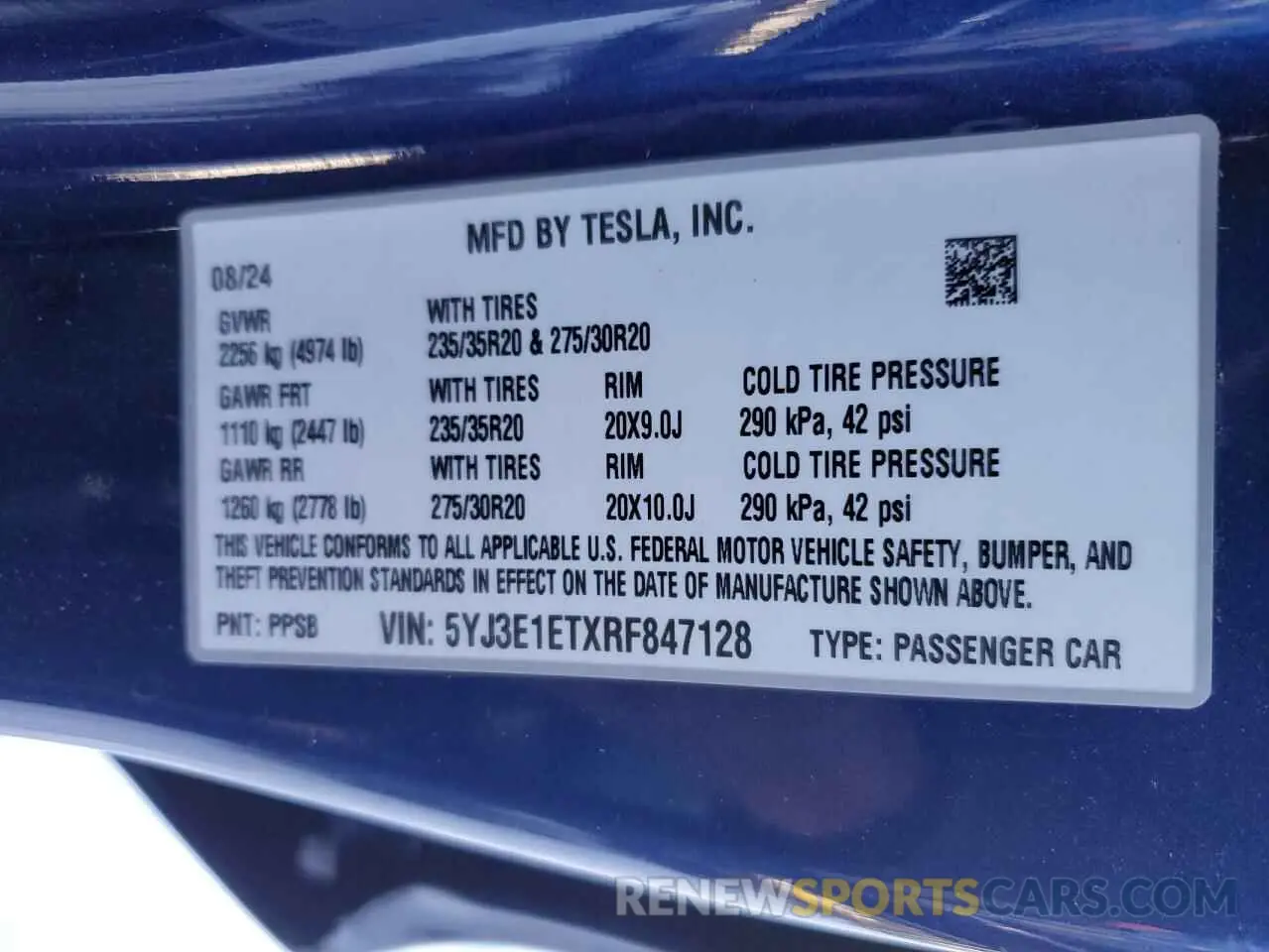 13 fotografías del automóvil dañado 5YJ3E1ETXRF847128 TESLA MODEL 3 2024