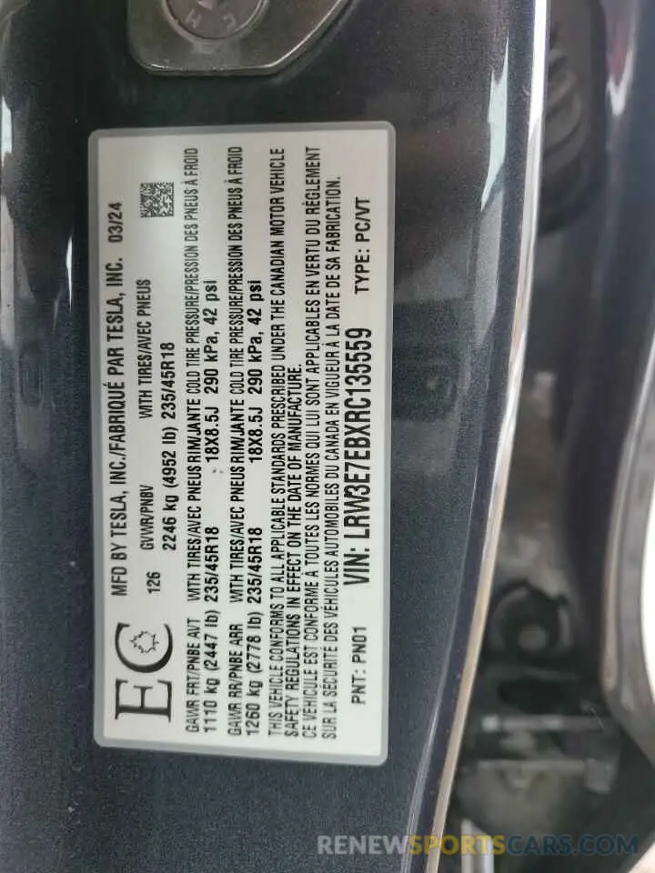 13 fotografías del automóvil dañado LRW3E7EBXRC135559 TESLA MODEL 3 2024