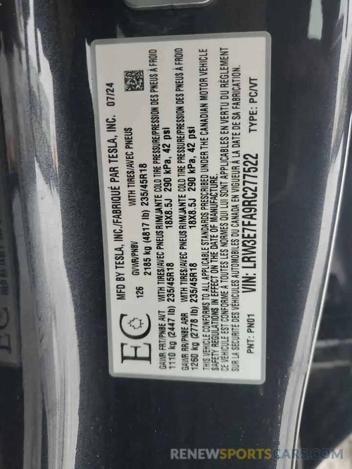 12 fotografías del automóvil dañado LRW3E7FA9RC277522 TESLA MODEL 3 2024