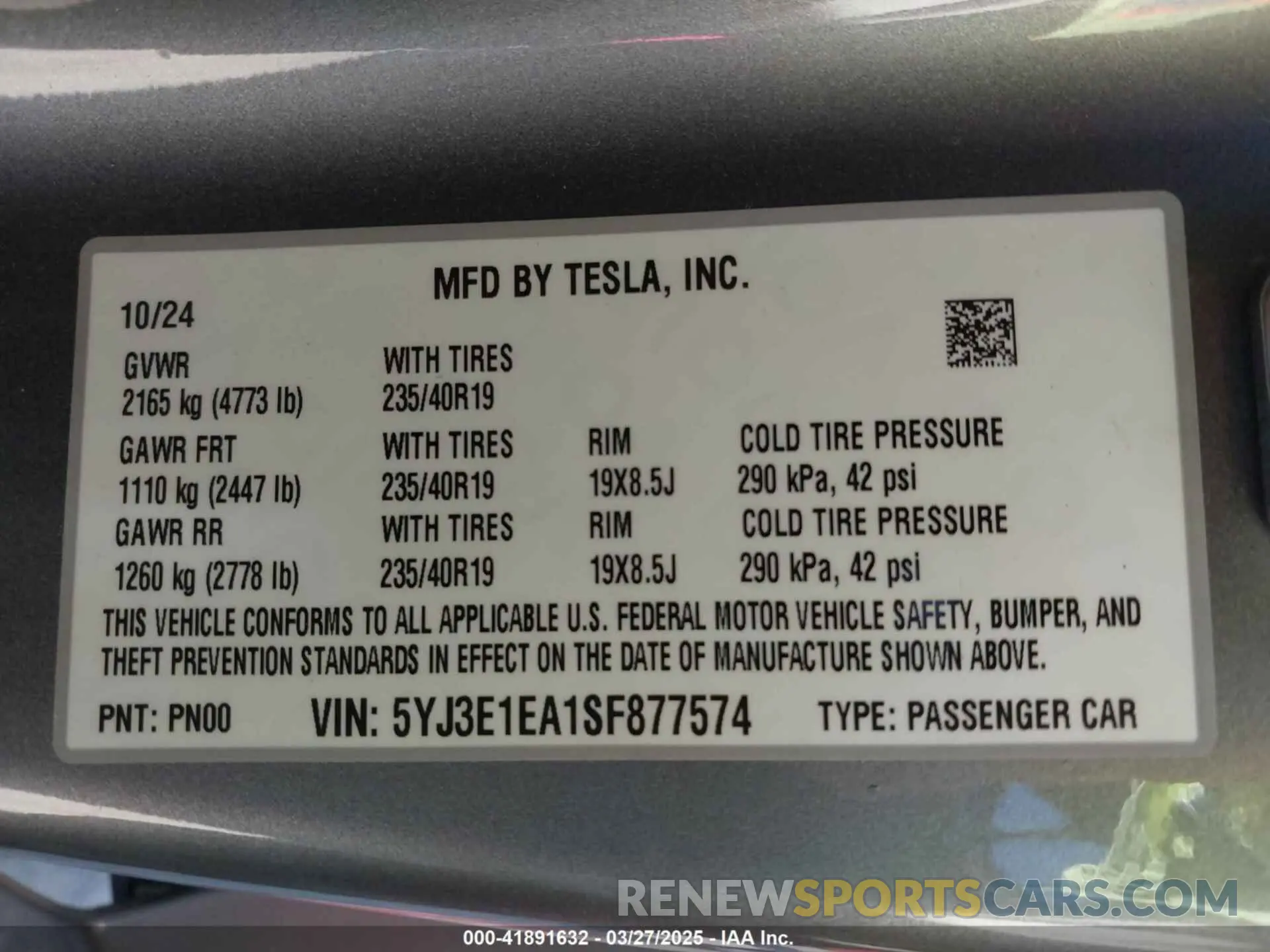 9 fotografías del automóvil dañado 5YJ3E1EA1SF877574 TESLA MODEL 3 2025