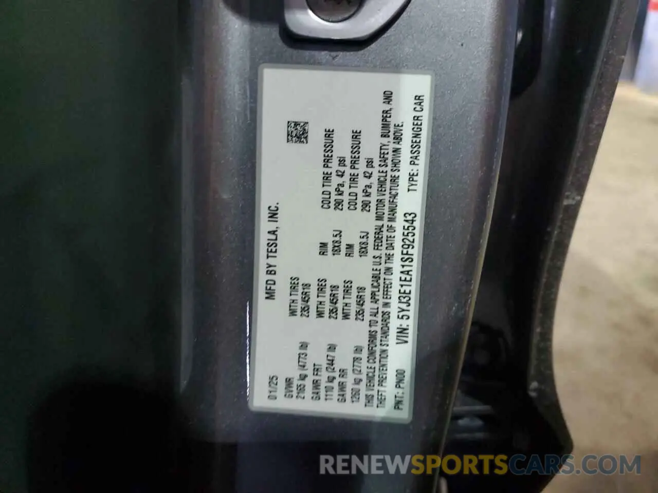 14 fotografías del automóvil dañado 5YJ3E1EA1SF925543 TESLA MODEL 3 2025
