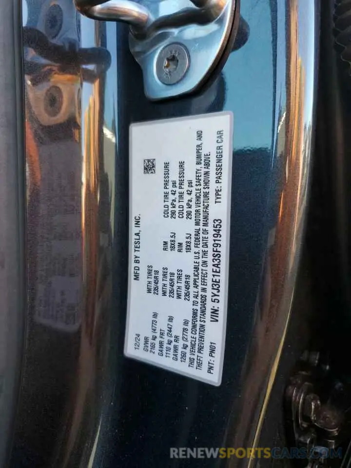 14 fotografías del automóvil dañado 5YJ3E1EA3SF919453 TESLA MODEL 3 2025