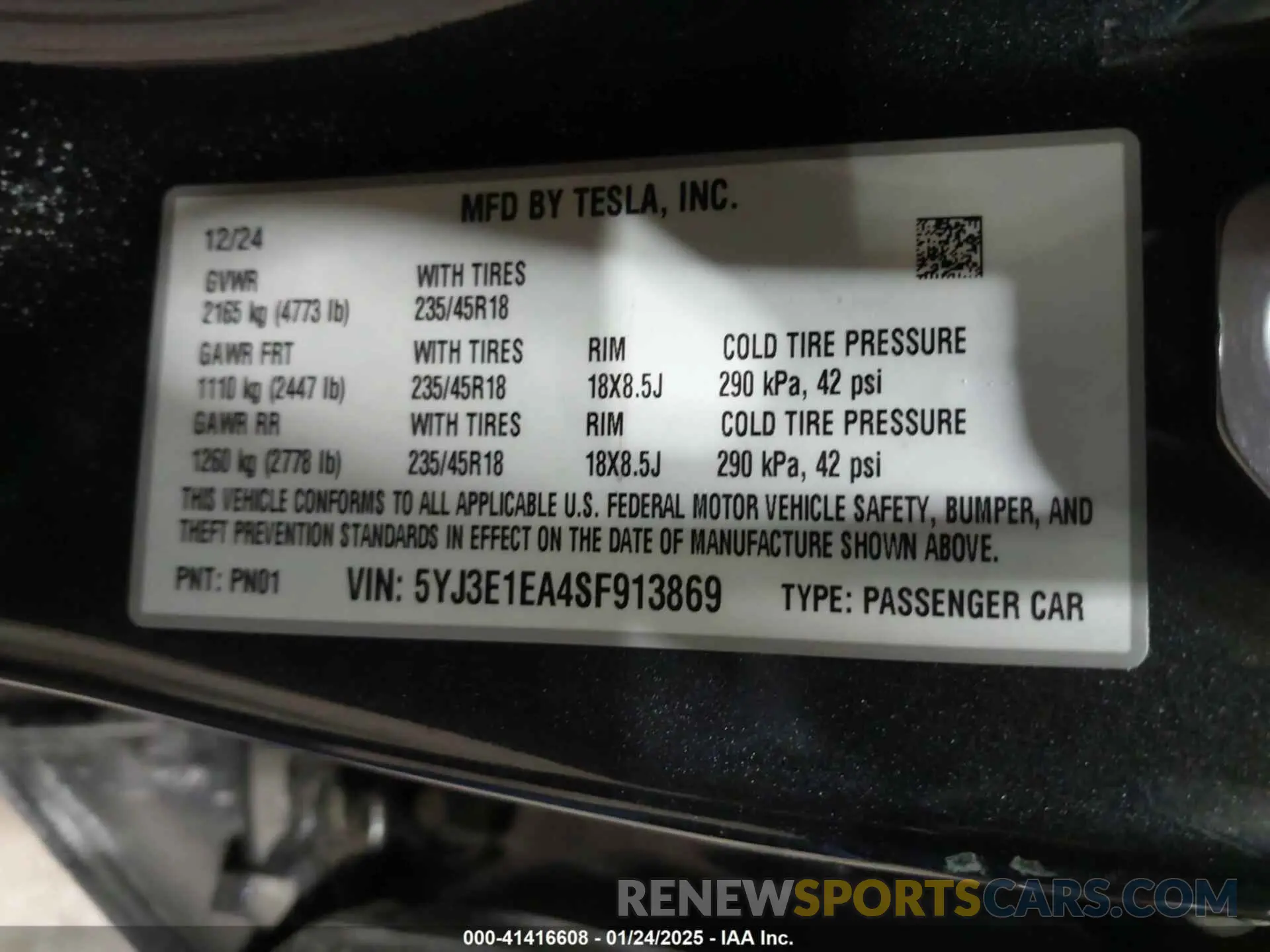 9 fotografías del automóvil dañado 5YJ3E1EA4SF913869 TESLA MODEL 3 2025