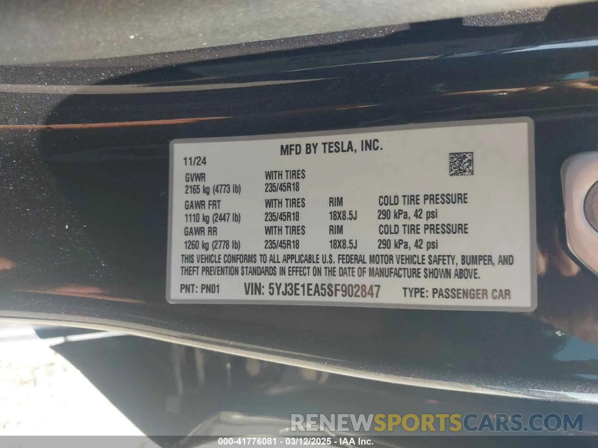 9 fotografías del automóvil dañado 5YJ3E1EA5SF902847 TESLA MODEL 3 2025